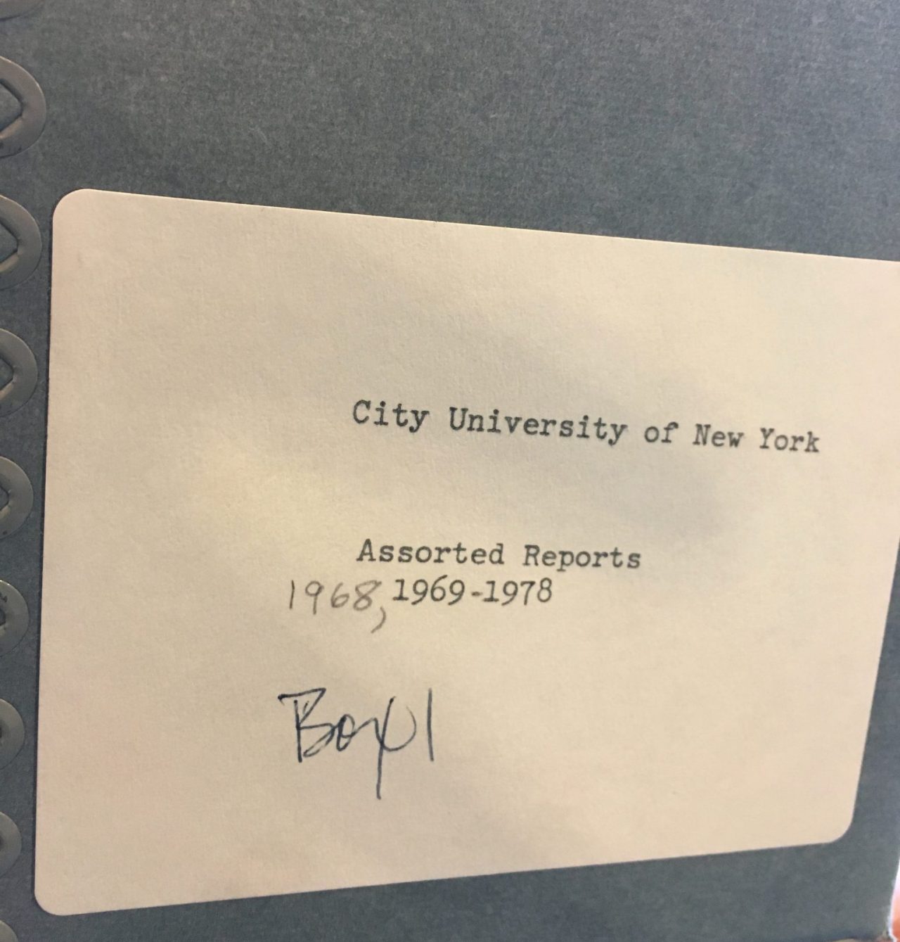 The outisde of an archive box which contains reports from 1968-1978 at CUNY.