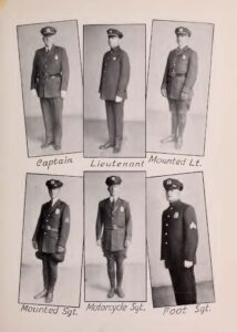 Images of police officers and their uniforms: Captain, Lieutenant, Mounted Lieutenant, Mounted Sergeant, Motorcycle Sergeant, Foot Sergeant.