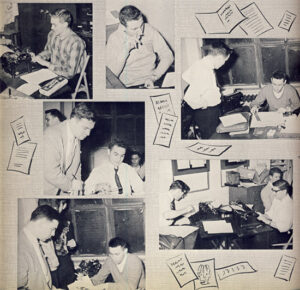 Yearbook page with six photographs of Ticker staff at work.