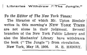 Article about removal of "The Jungle" from circulation in New York City libraries.