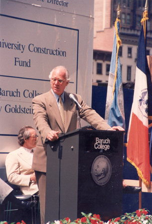 Baruch College President Matthew Goldstein addressing attendees of groundbreaking ceremony.